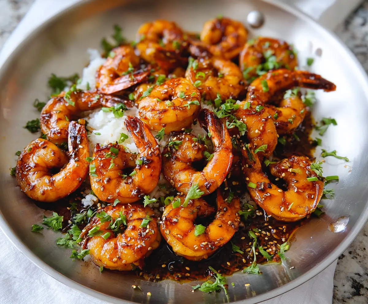 Delicious glazed honey garlic shrimp served on a plate, garnished with fresh herbs, perfect for a flavorful seafood meal.