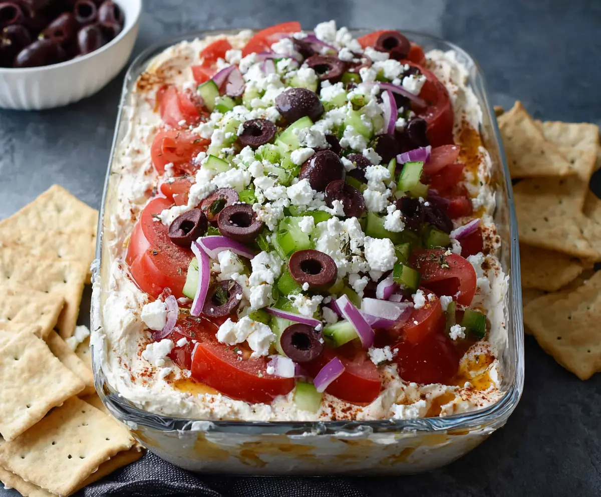 Delicious Greek Layer Dip with creamy feta, fresh vegetables, and herbs, perfect for parties.