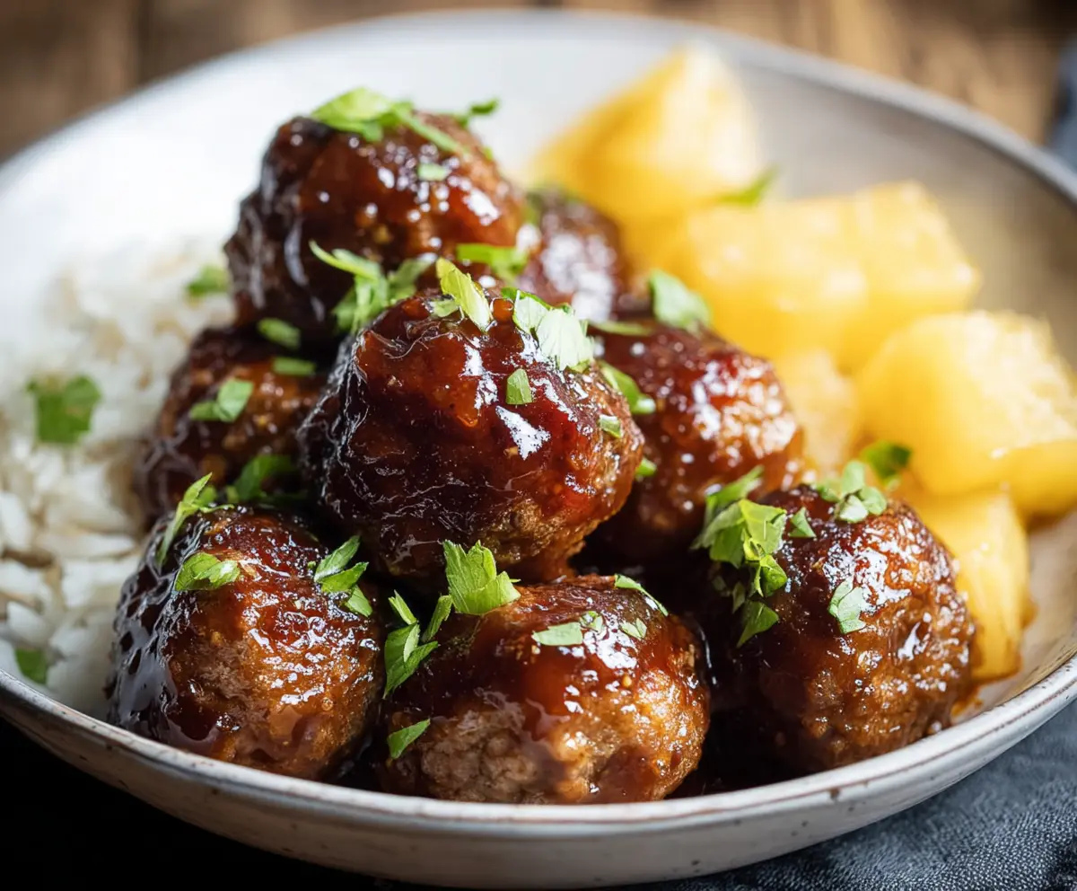 Delicious Hawaiian Meatballs served with pineapple and teriyaki sauce on a white plate