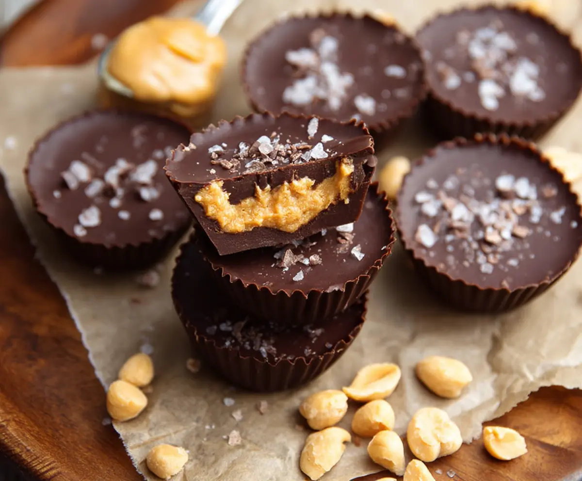 Delicious homemade healthy dark chocolate peanut butter cups on a white plate