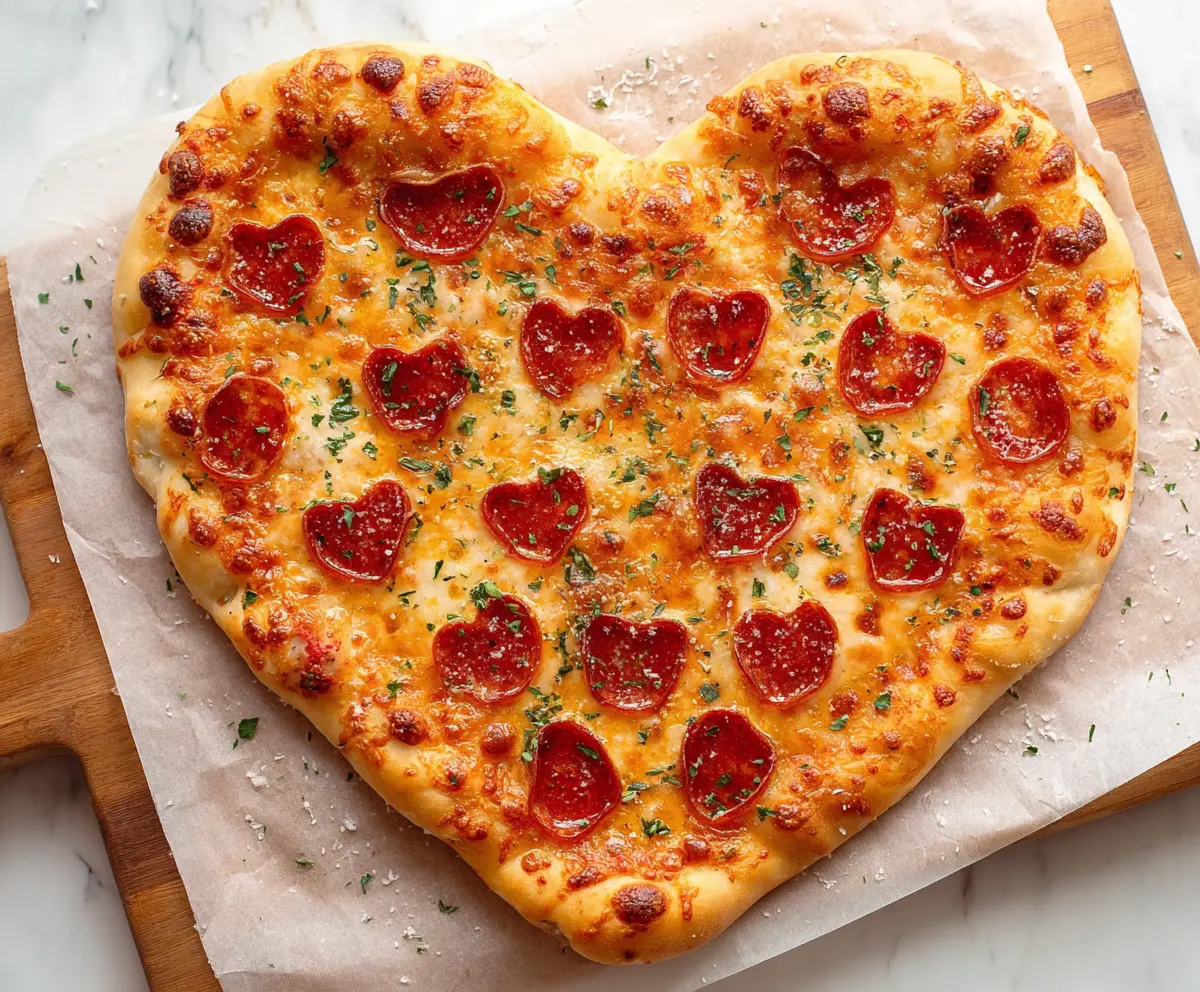 Delicious heart-shaped pizza topped with melted cheese and fresh vegetables for a romantic meal.