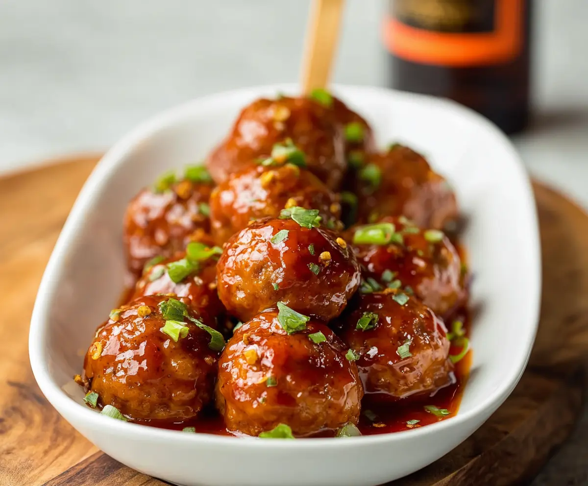Delicious Honey Sriracha Meatballs on a plate with glossy glaze and fresh garnish