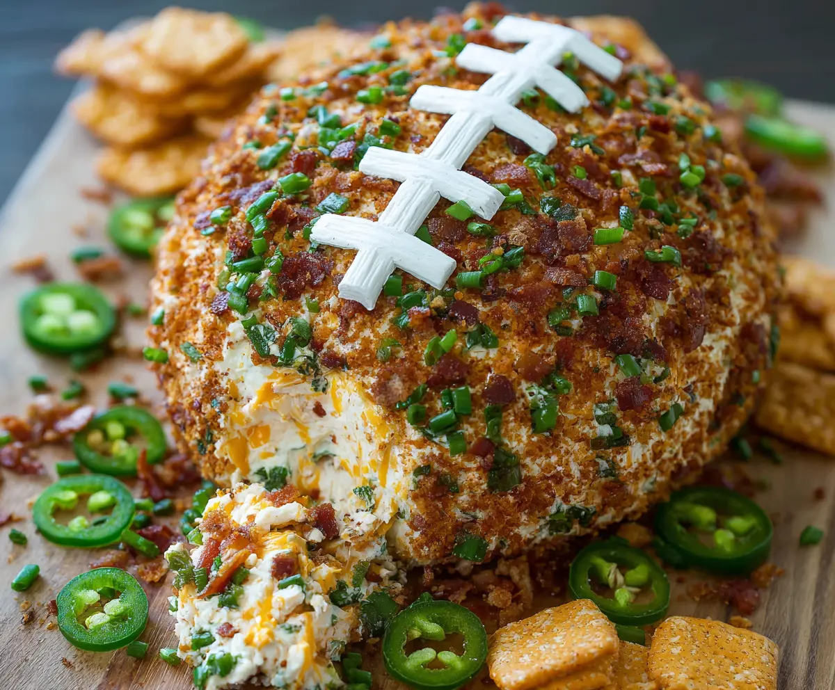 Creamy jalapeño popper cheese ball topped with cheddar and chives, perfect for football parties.