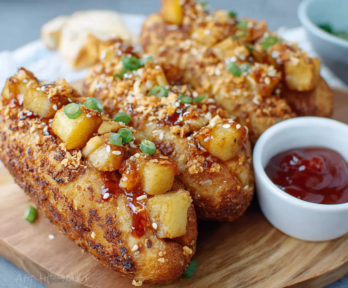 Delicious Korean Potato Hot Dog with crispy coating and gooey cheese filling.