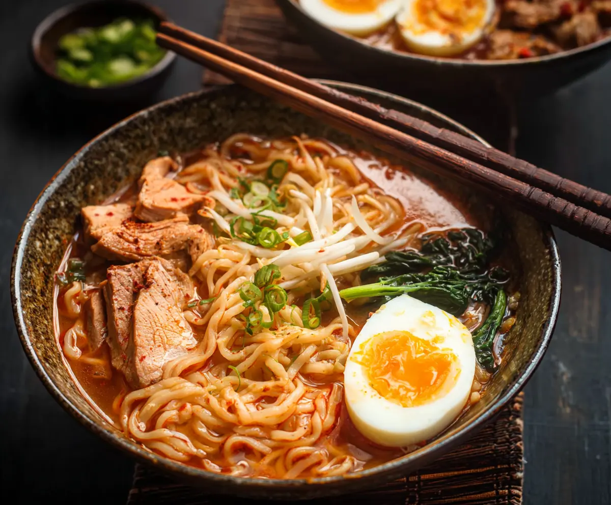Delicious Korean ramen noodles with vibrant broth, vegetables, and slices of meat in a bowl.