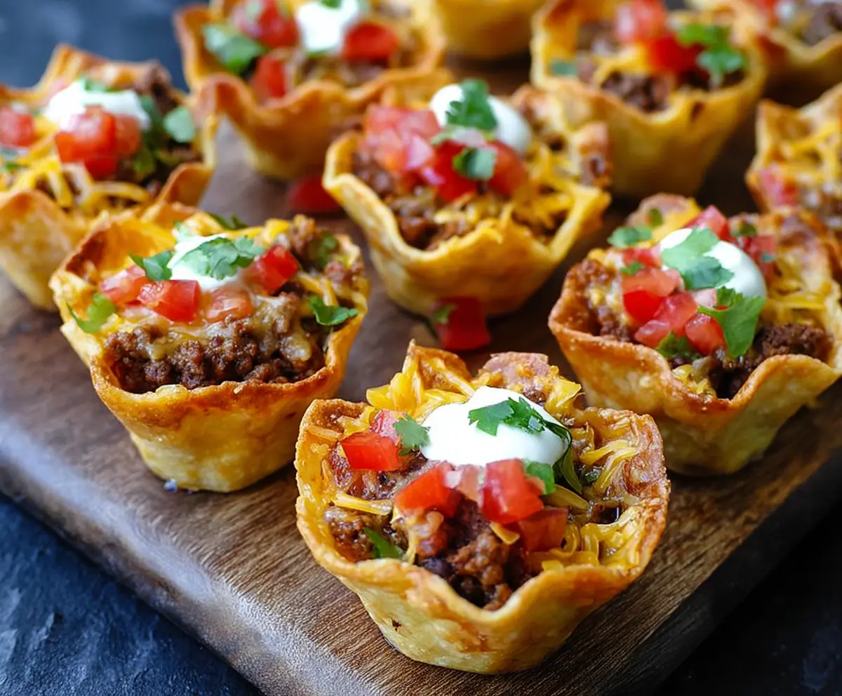 Delicious mini taco cups filled with seasoned ground beef, cheese, and fresh toppings perfect for snacking.