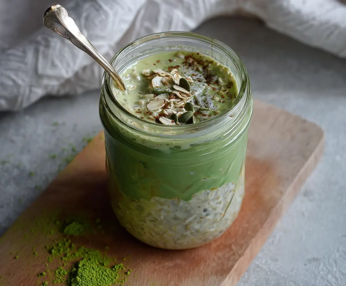 Creamy Matcha Latte Overnight Oats in a glass jar topped with fresh green matcha powder and chia seeds.