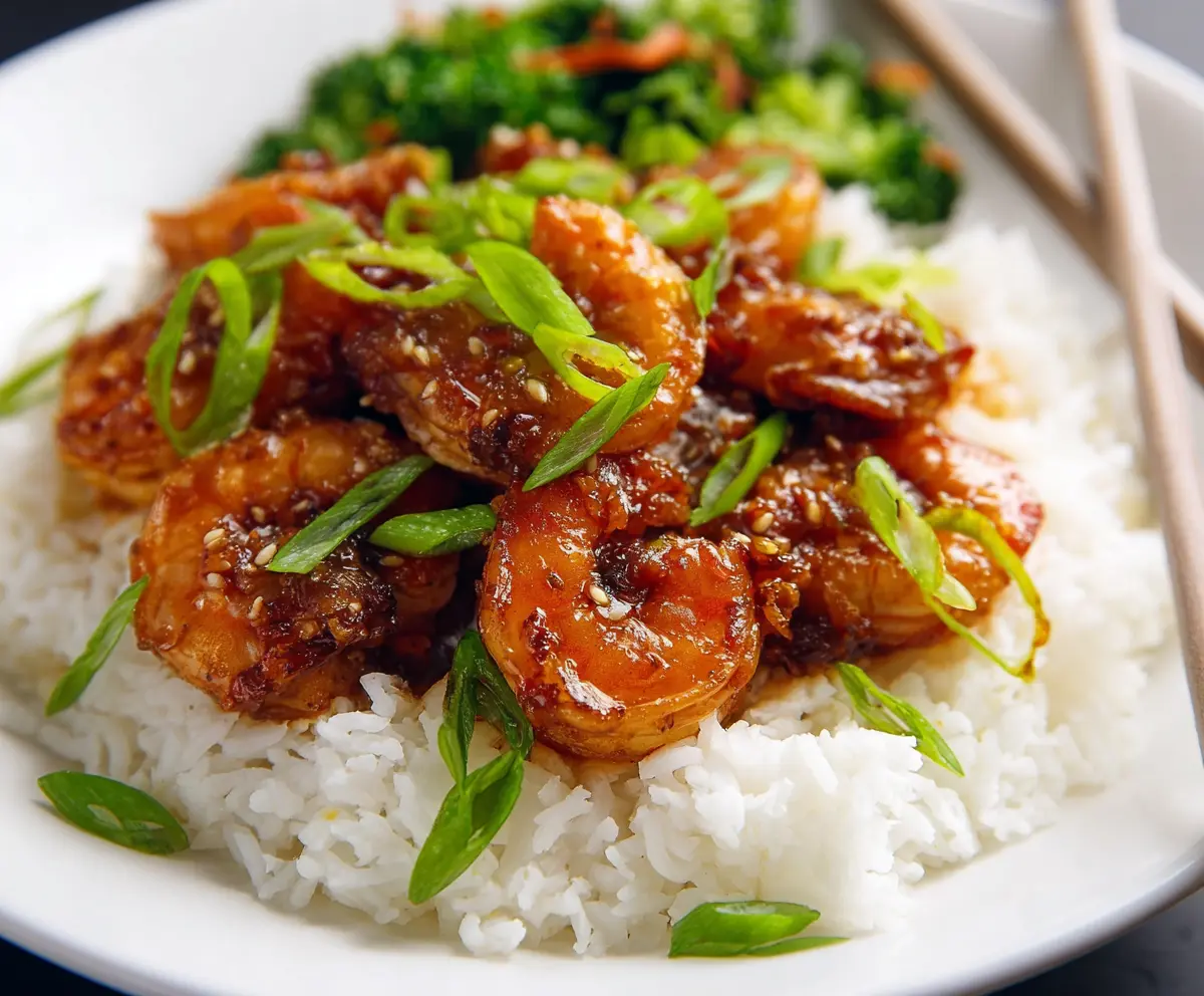 Delicious Mongolian Shrimp served with vegetables and rice on a dinner plate.