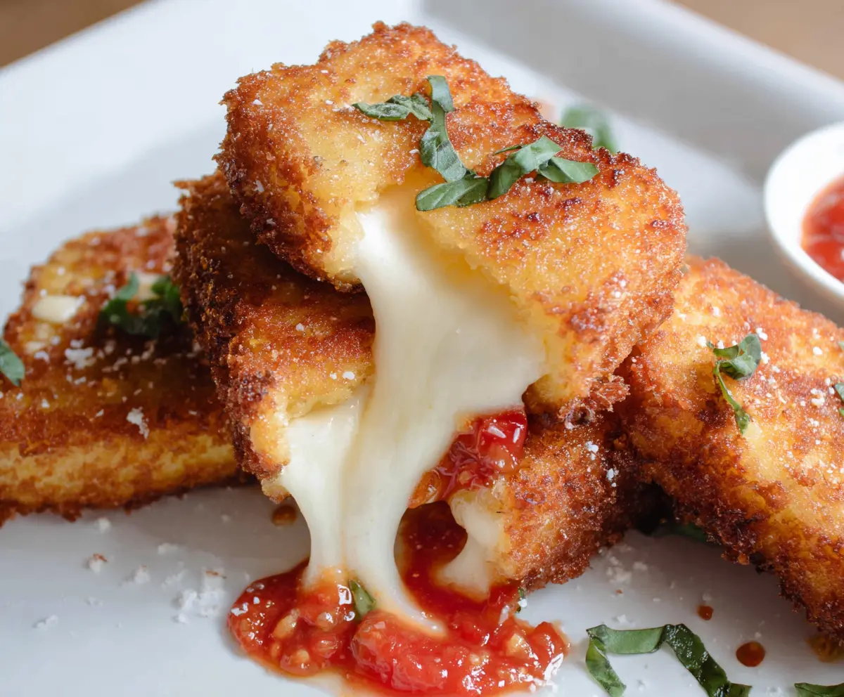 Golden fried mozzarella carrozza with melted cheese oozing out, served on a plate.