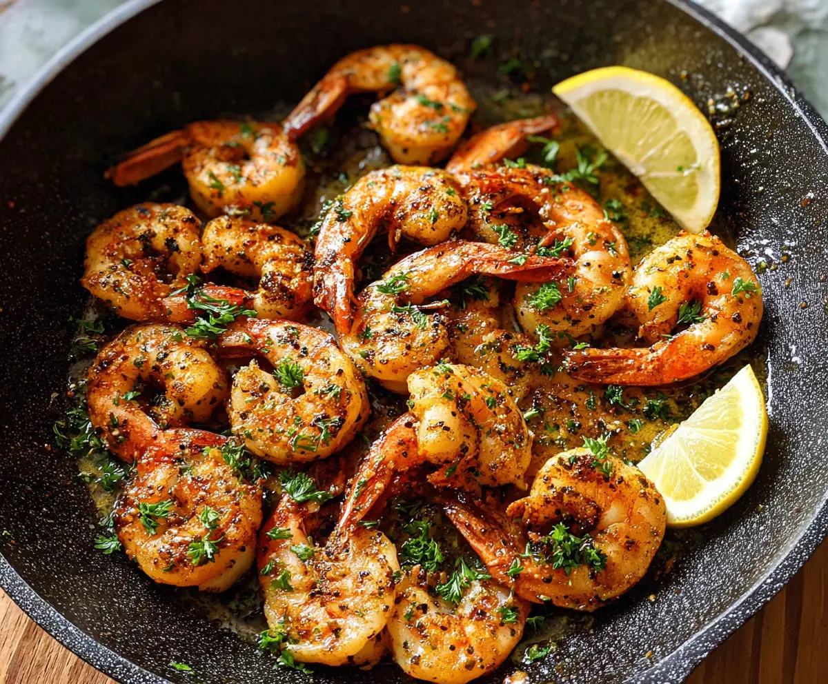 Delicious pan fried shrimp served with lemon and herbs on a wooden platter