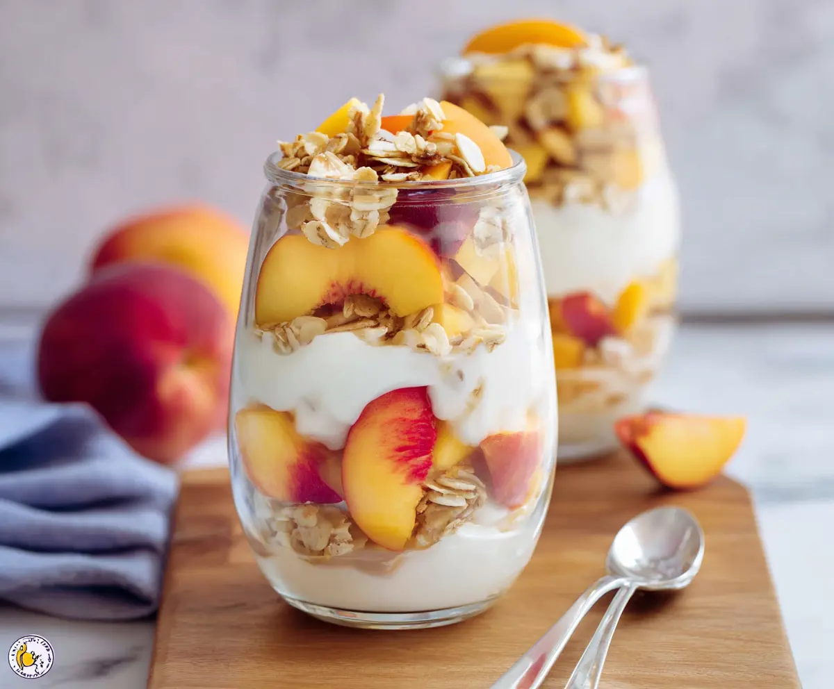 Layered Peach Yogurt Parfait with fresh peaches and granola in a glass bowl