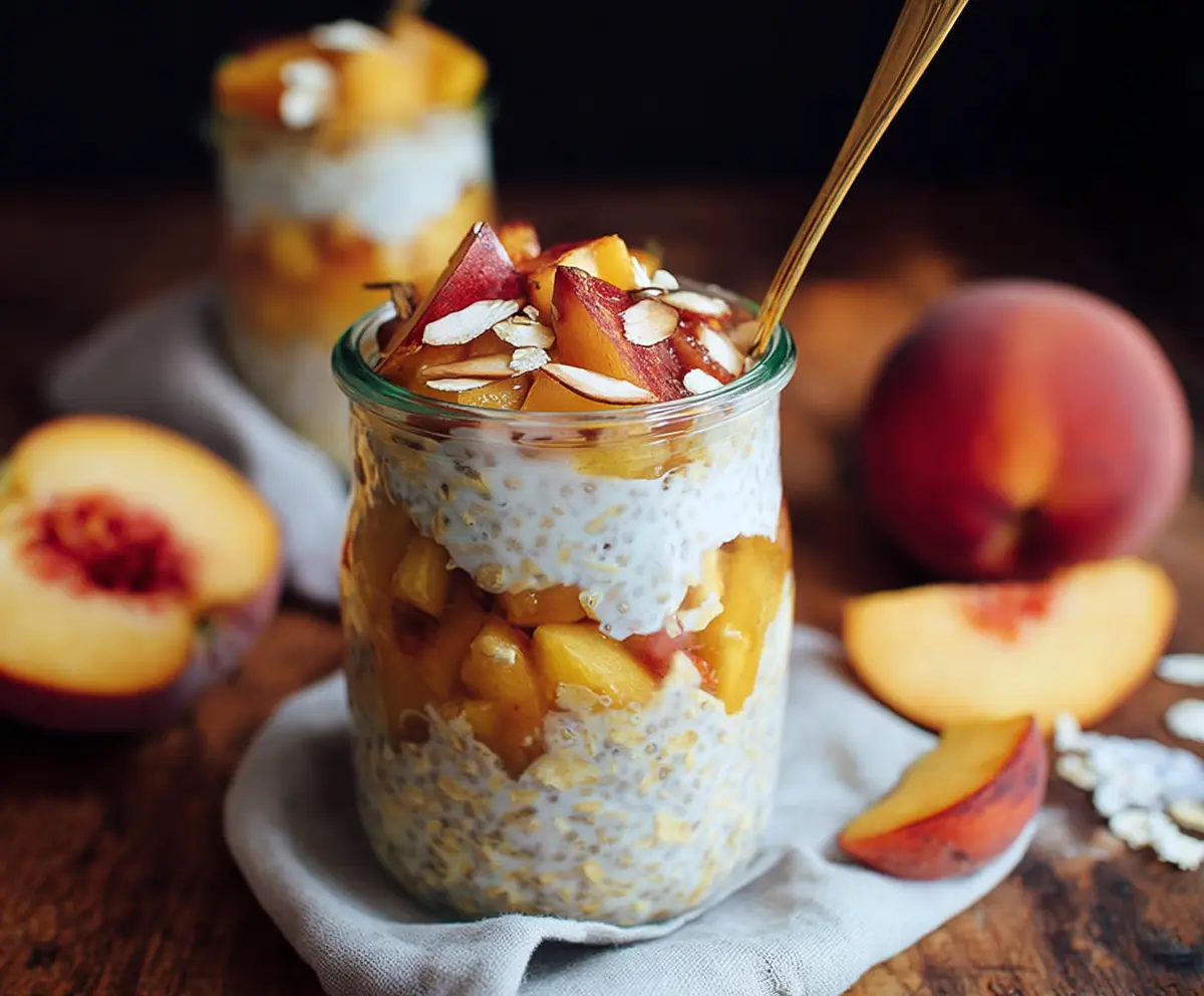 Creamy peaches and oats breakfast in a jar, perfect for healthy mornings.