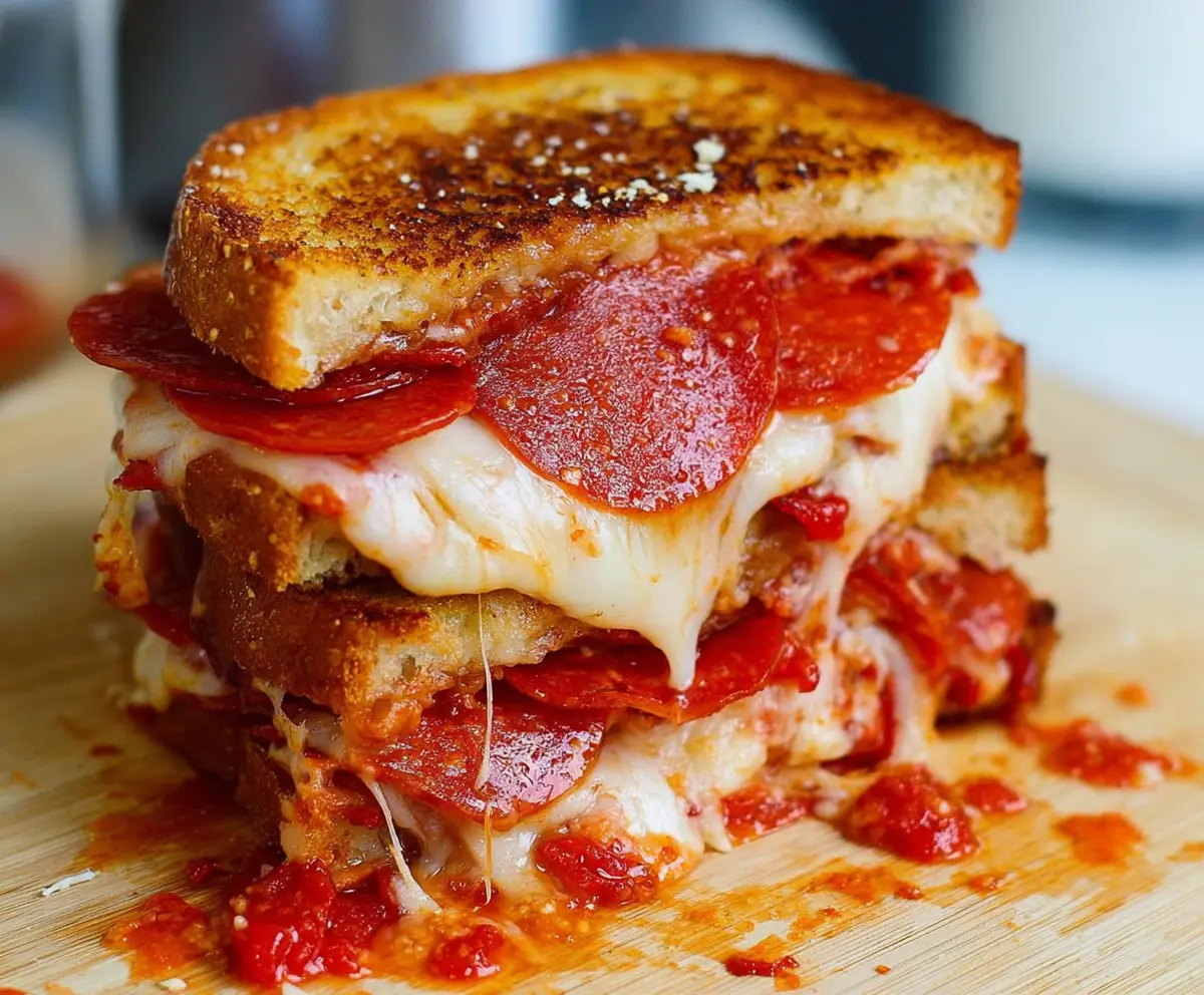 Delicious Pepperoni Pizza Grilled Cheese Sandwich with melted cheese and crispy bread