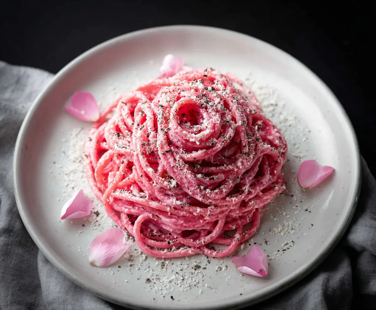 Creamy Pink Cacio E Pepe pasta served with pepper and cheese on a rustic plate.
