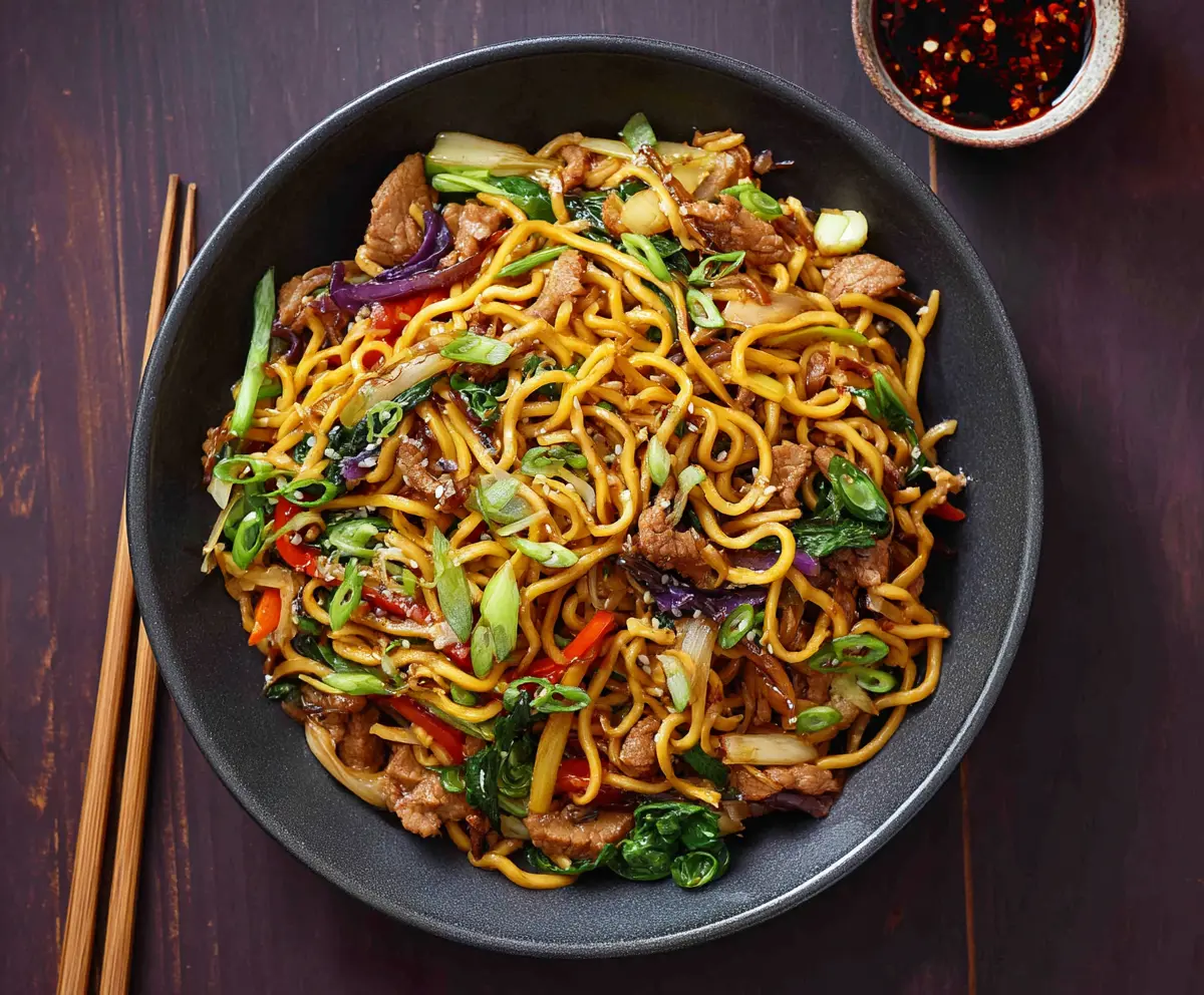 Delicious pork stir fry with noodles, vegetables, and savory sauce served in a bowl.