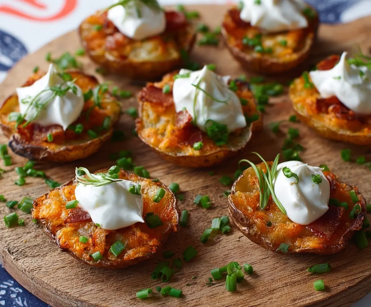 Crispy potato skin bites garnished with herbs on a plate