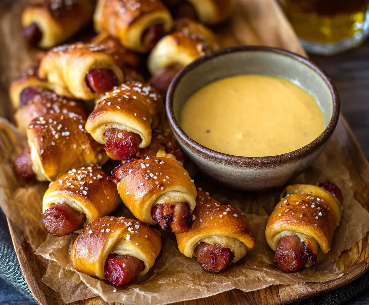 Delicious pretzel pigs in a blanket served with creamy beer cheese dip, perfect for snacks or parties.