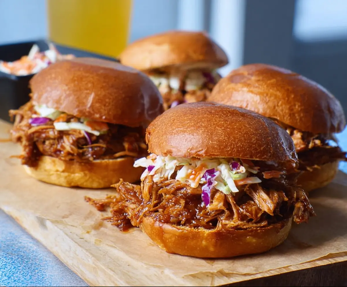 Delicious pulled pork sandwiches topped with coleslaw on a rustic wooden board.