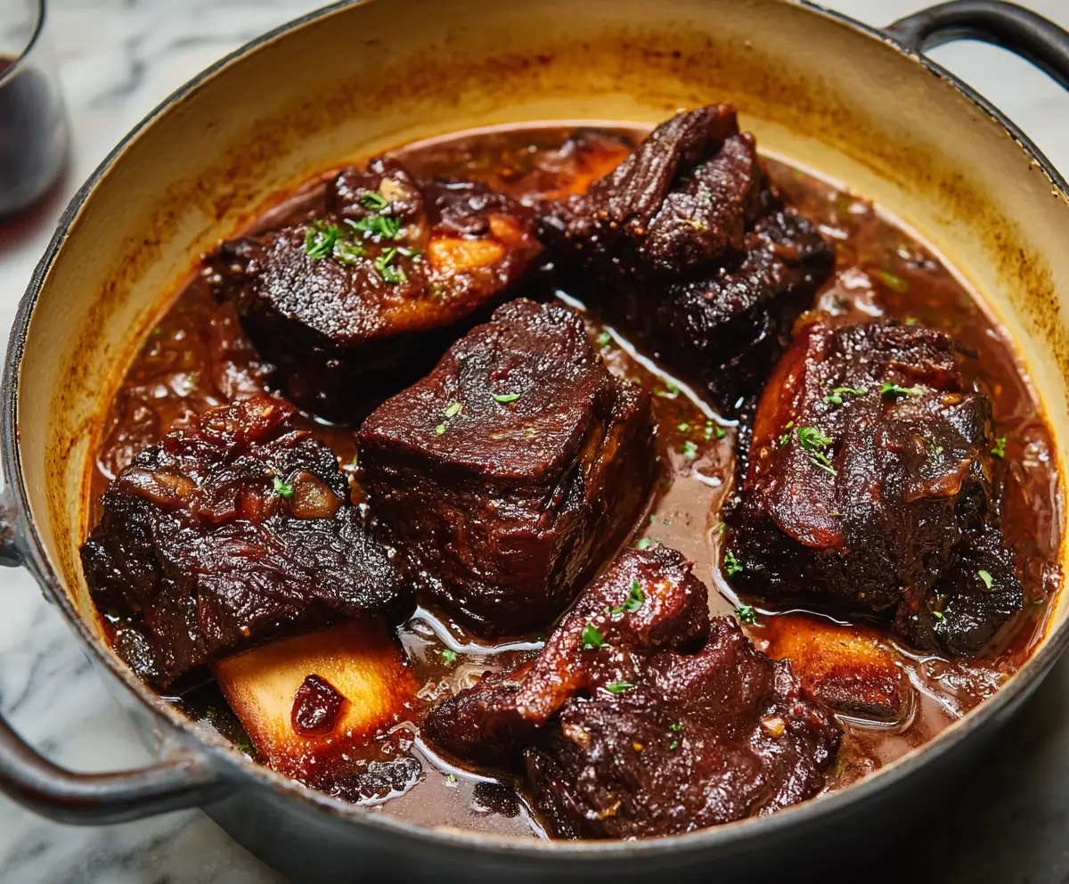 Savory red wine braised short ribs served with vegetables on a rustic plate.