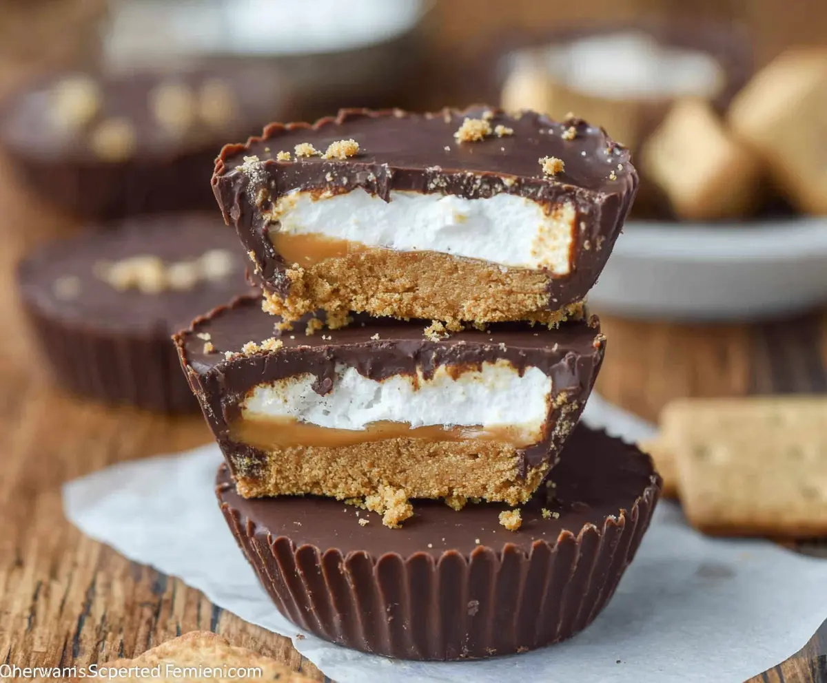 Delicious S'mores Peanut Butter Cups with gooey marshmallows, rich chocolate, and creamy peanut butter filling.