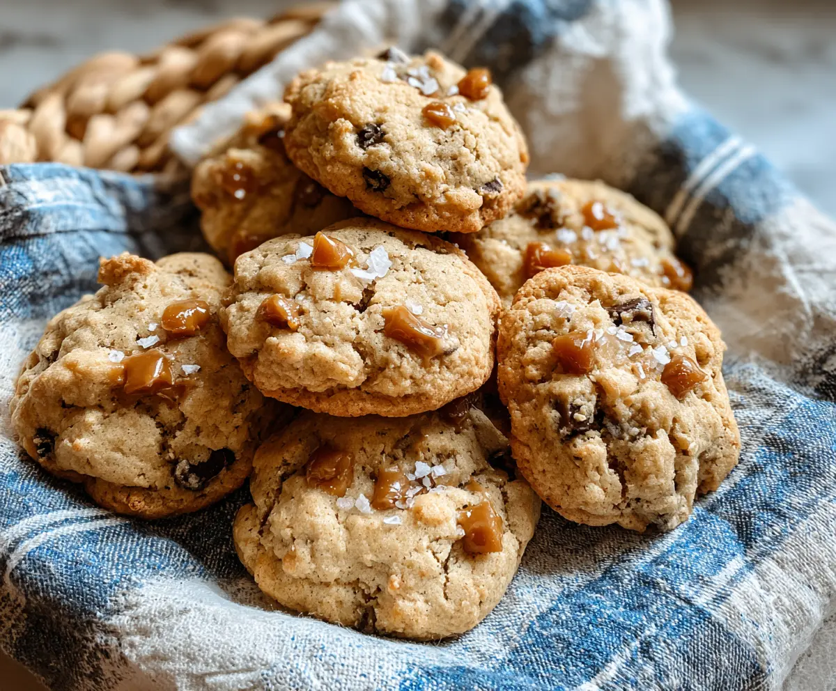 Delicious salted caramel sourdough discard cookies on a plate, showcasing golden-brown crispy edges and chewy centers.