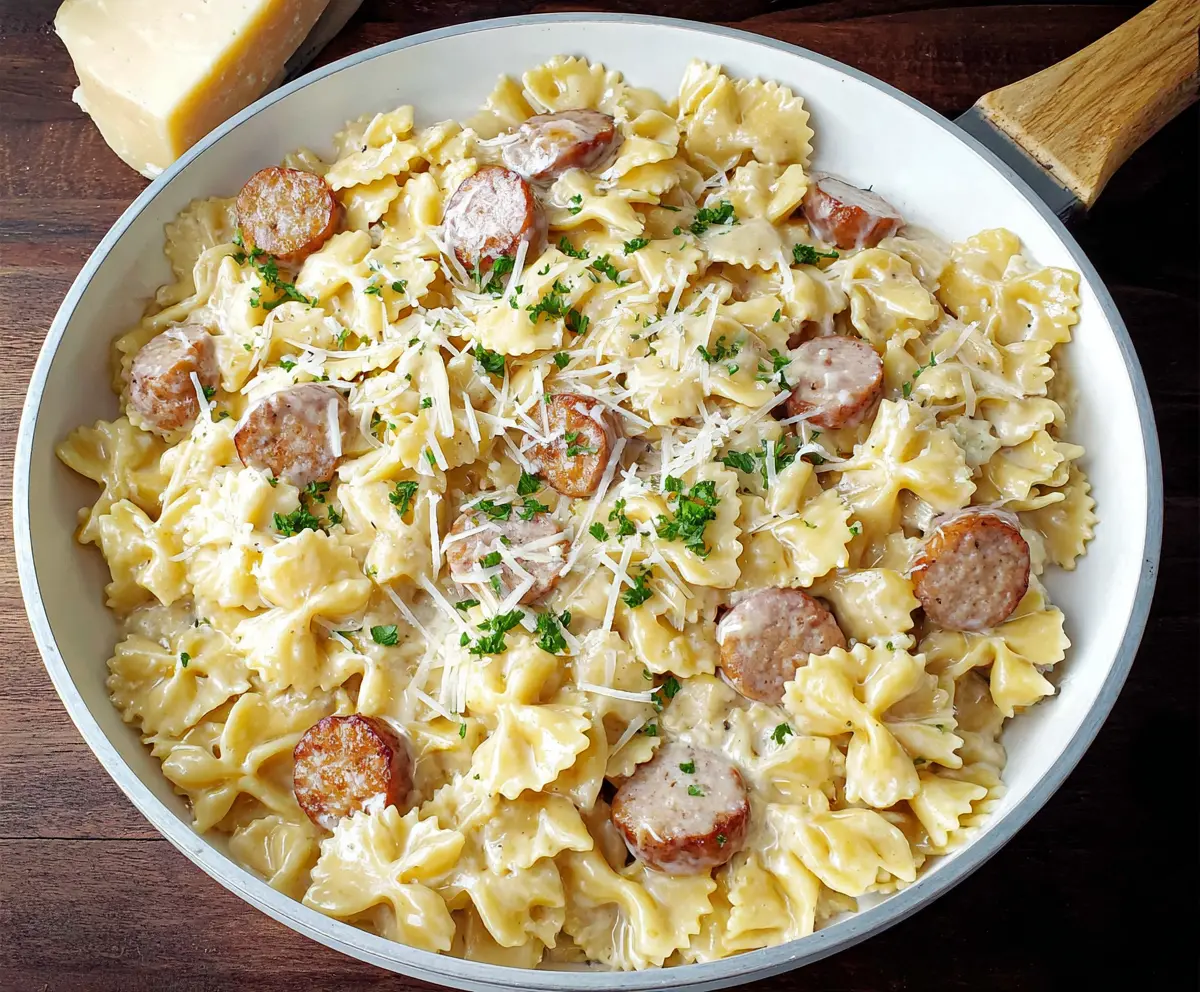 Delicious sausage Alfredo pasta served in a white bowl, garnished with herbs.