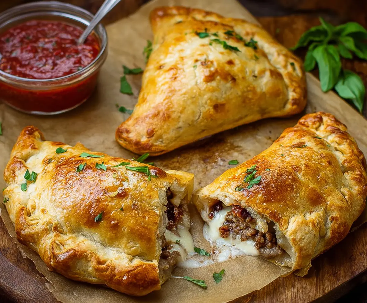 Delicious sausage calzones fresh out of the oven with melted cheese and golden crust.