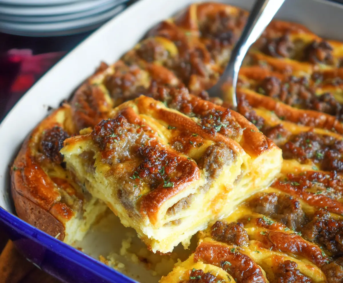 Delicious sausage pancake breakfast casserole served in a baking dish.