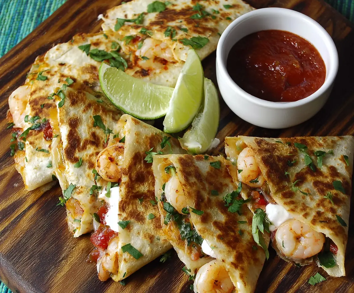 Delicious shrimp quesadillas filled with melted cheese and crispy tortillas, perfect for a quick snack or meal.
