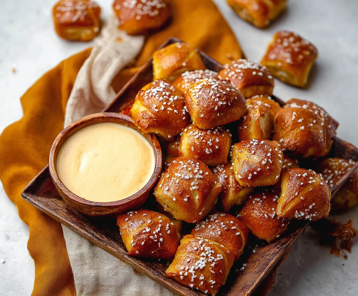 Delicious soft pretzel bites served with dipping sauces, perfect for snacking.