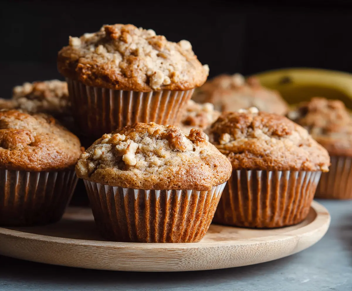 Delicious homemade sourdough banana muffins with a golden crust and ripe banana slices on top.