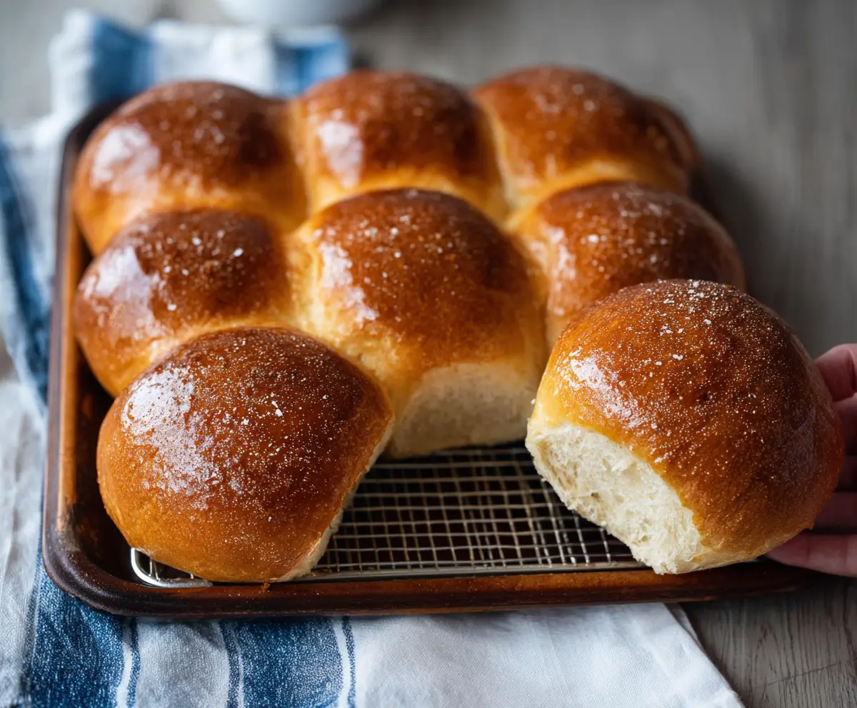 Freshly baked sourdough brioche bread rolls with a golden crust on a rustic wooden table.