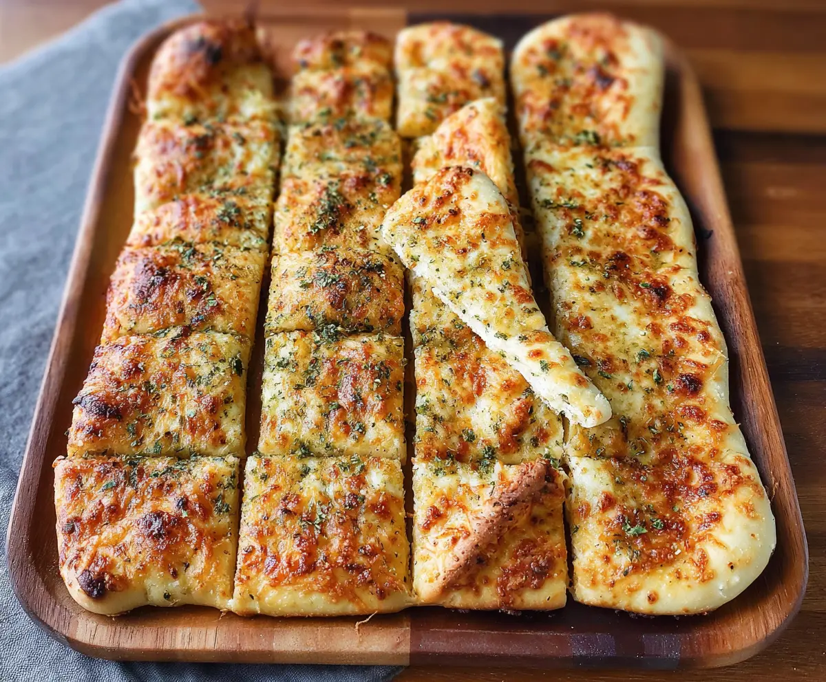 Delicious sourdough cheesy breadsticks with melted cheese and crispy crust, perfect for snacking or sharing.
