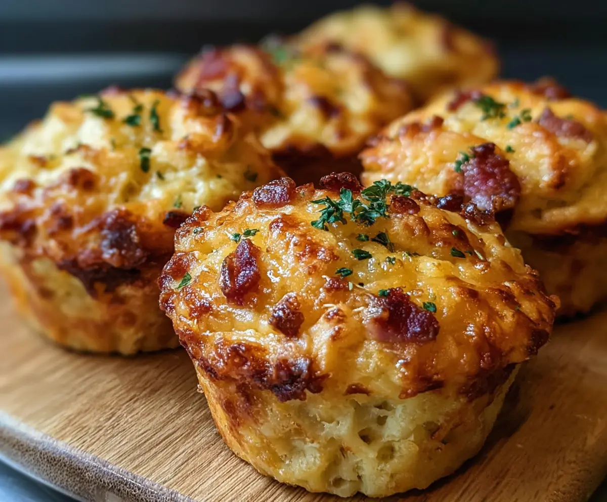 Delicious sourdough discard bacon and cheddar breakfast muffins on a plate, perfect for a tasty morning treat.