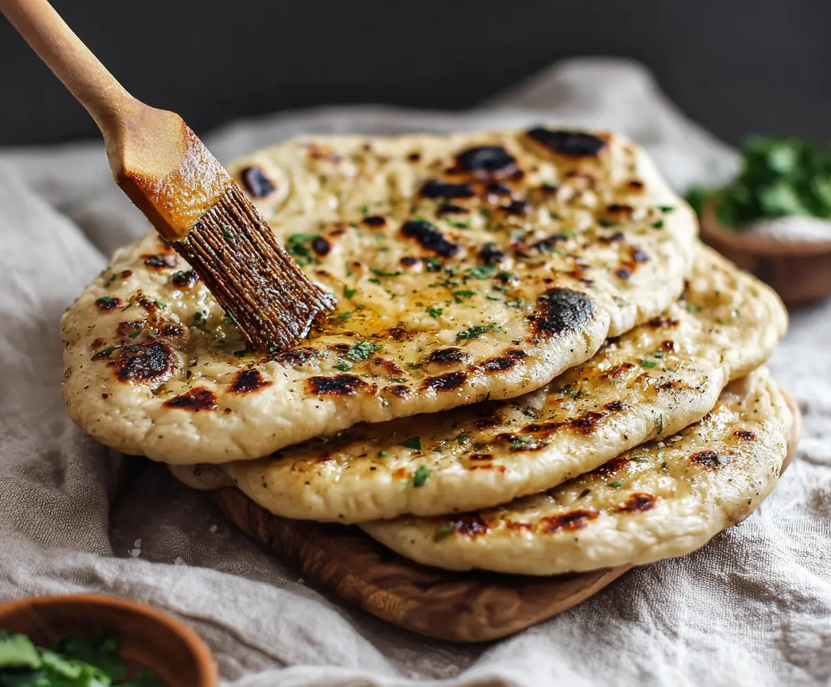Homemade sourdough discard naan bread served on a wooden board, showcasing golden, fluffy Indian flatbread.