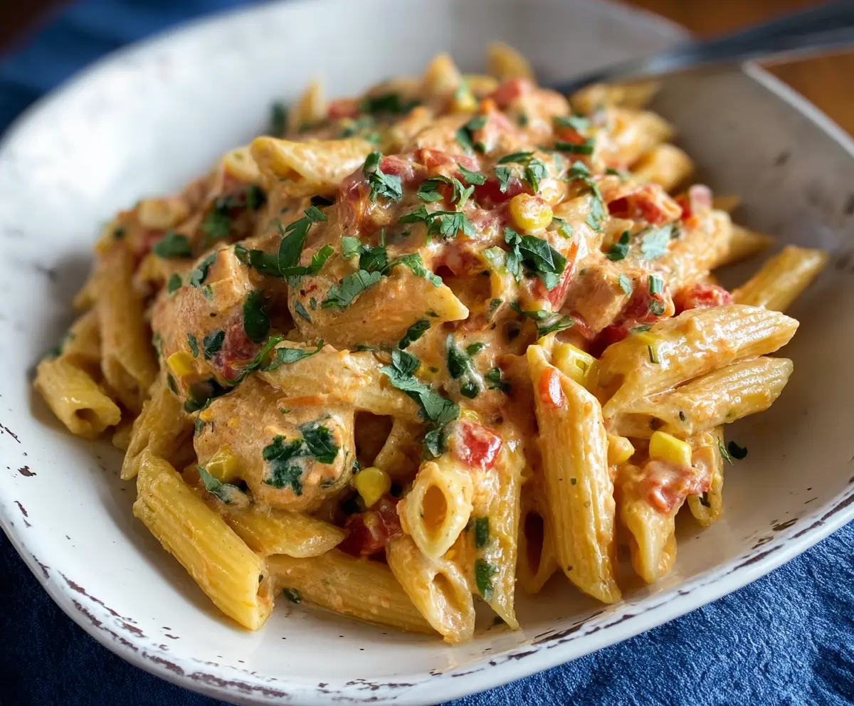 Creamy Southwest Alfredo Penne Pasta with colorful bell peppers and cilantro garnish