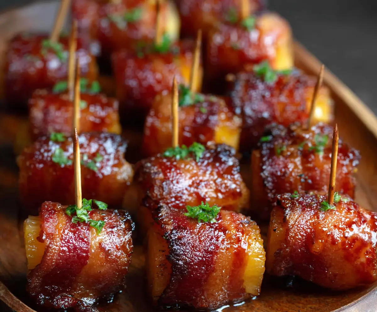 Delicious spicy brown sugar bacon-wrapped pineapple bites served on a plate.