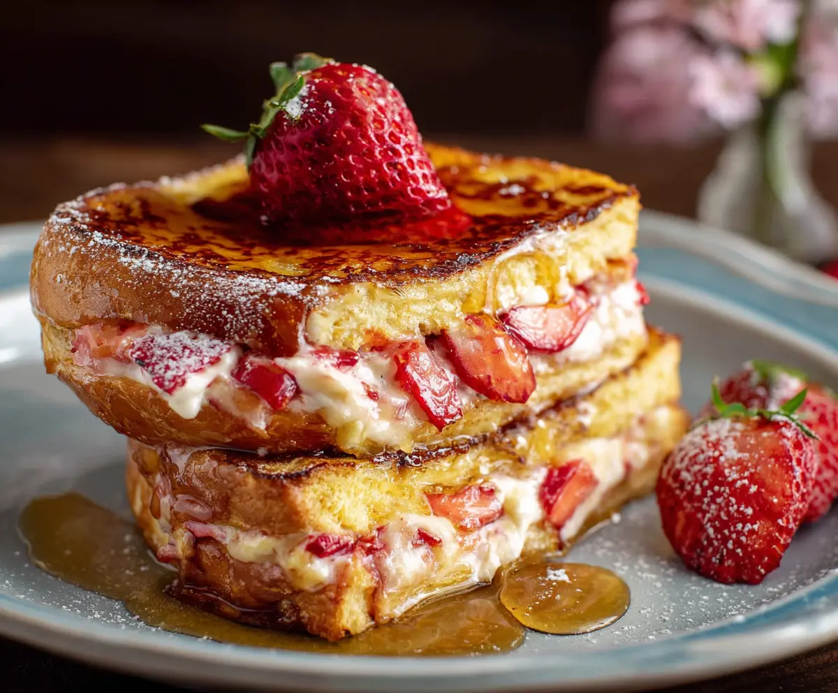 Delicious Strawberry French Toast topped with fresh strawberries and powdered sugar.