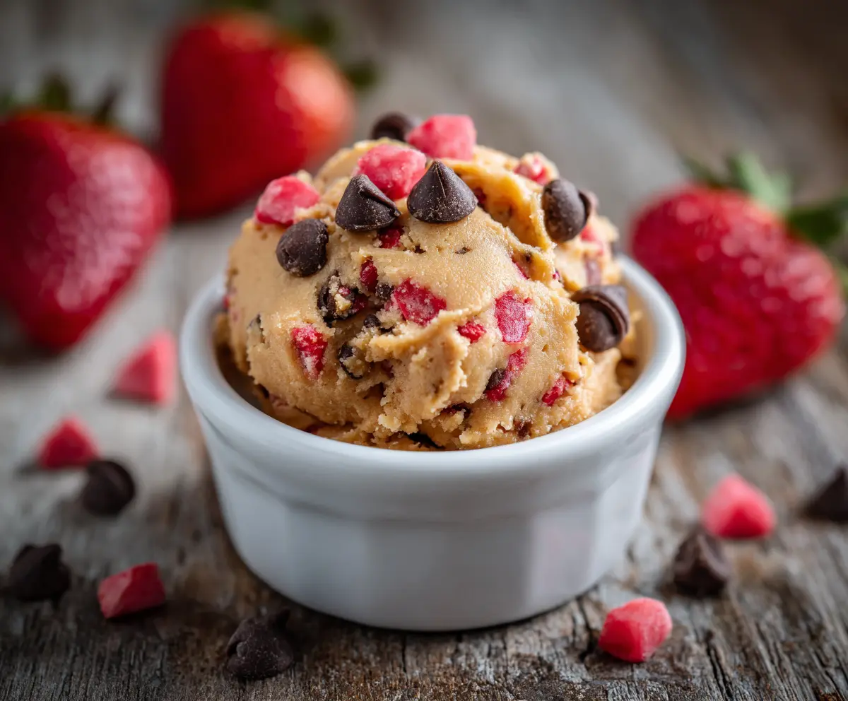 Delicious strawberry protein cookie dough in a bowl, highlighting a healthy, high-protein snack option.