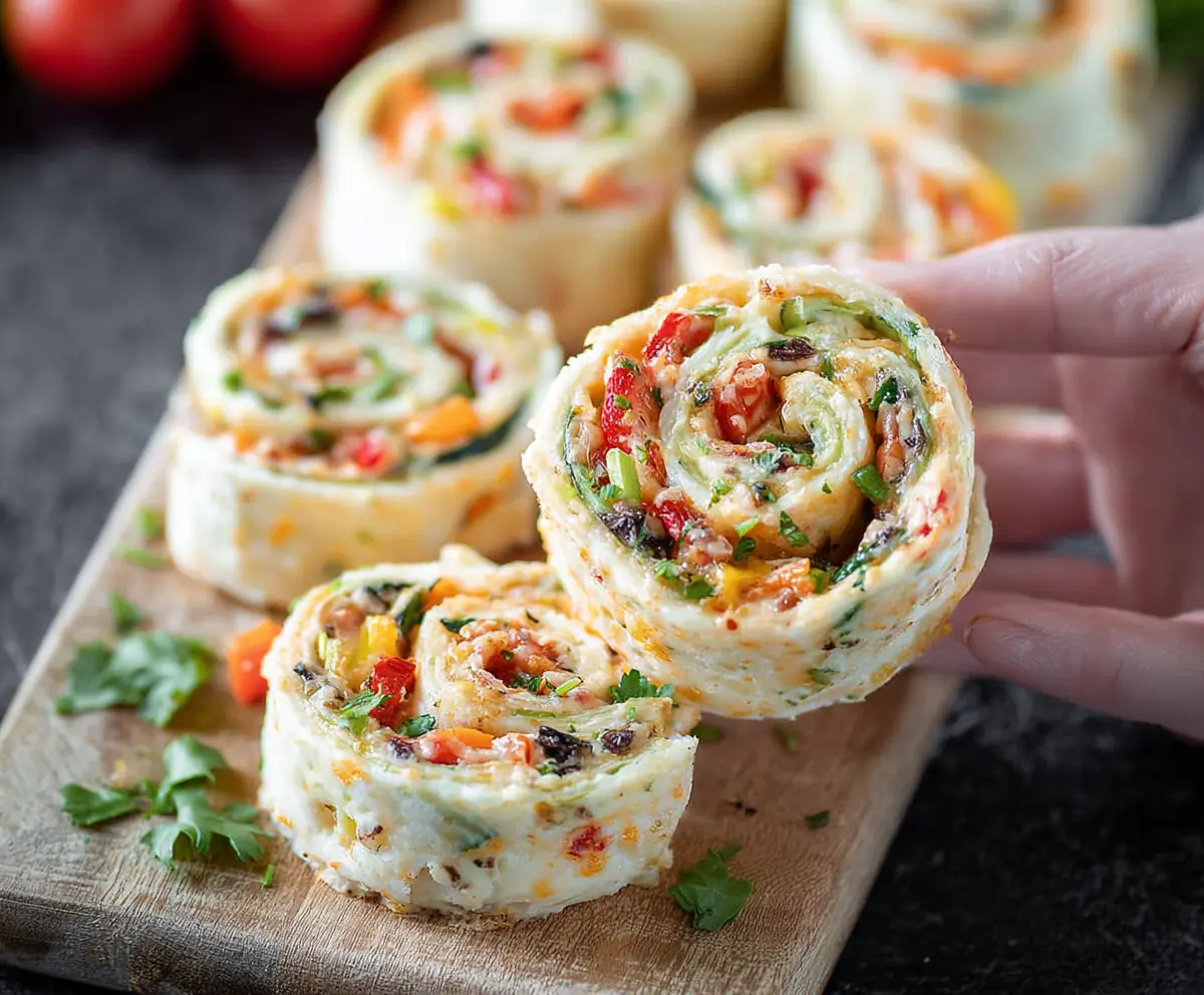 Delicious Veggie Pizza Pinwheels with colorful vegetables and melted cheese on a baking tray.