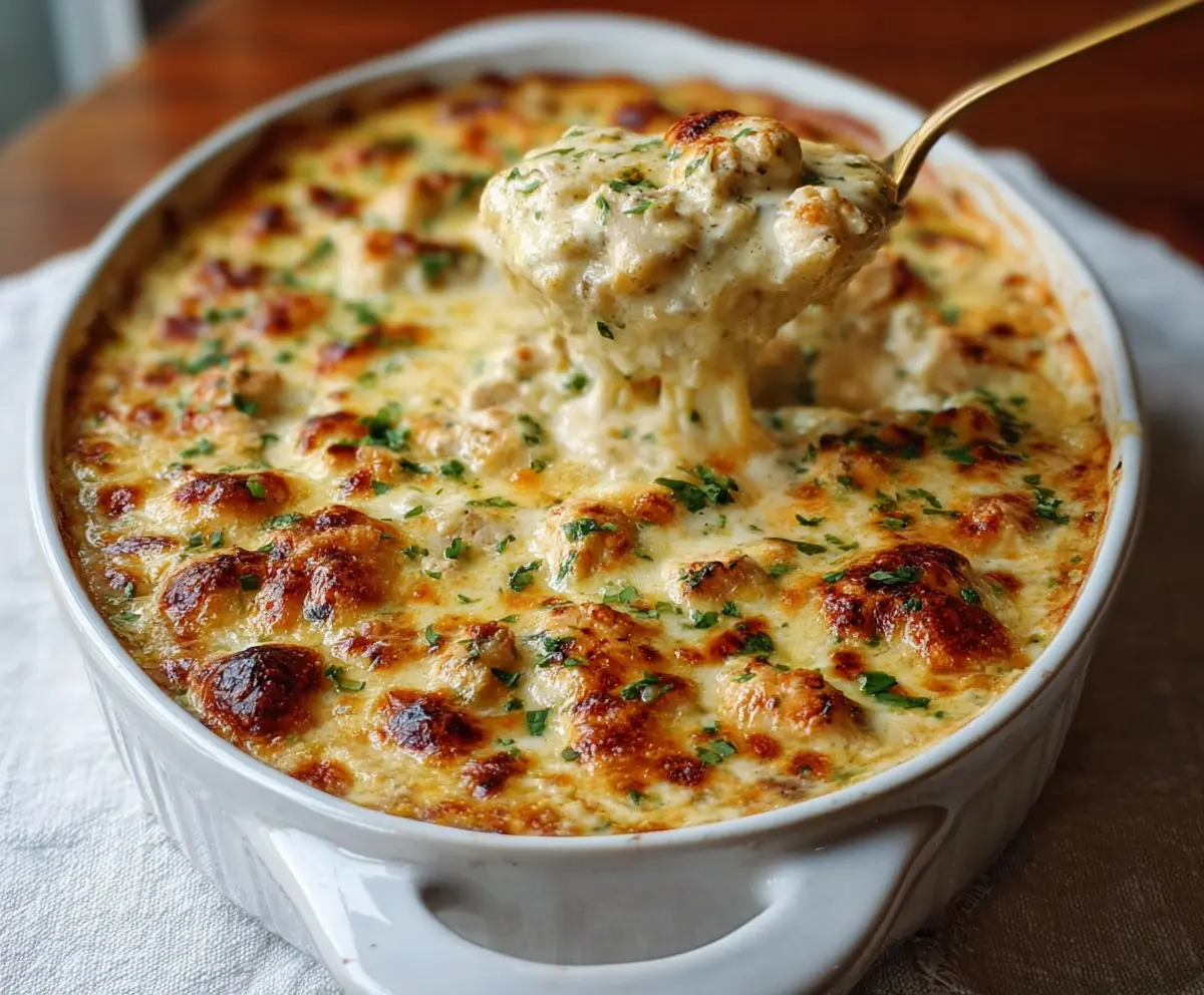 Creamy white chicken chili casserole with cottage cheese topped with fresh herbs for a cozy winter meal.