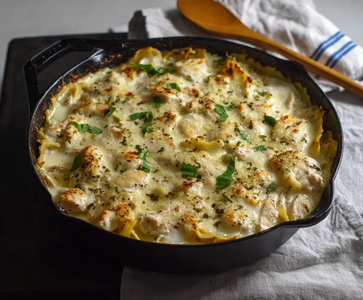 Delicious White Chicken Skillet Lasagna topped with melted cheese and fresh herbs.