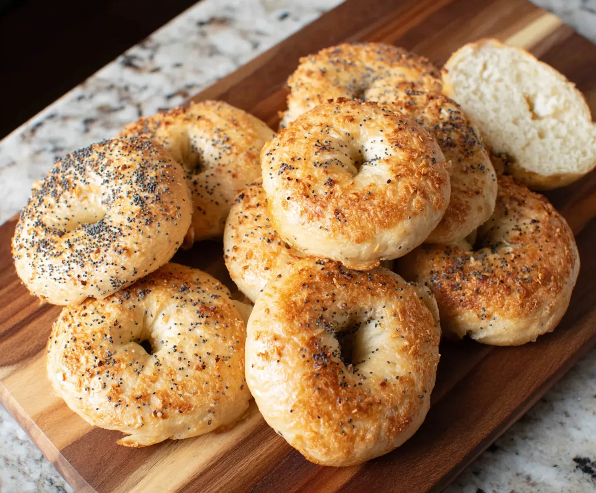 Close-up of homemade 2 ingredient bagels on a baking sheet, showcasing their golden crust.