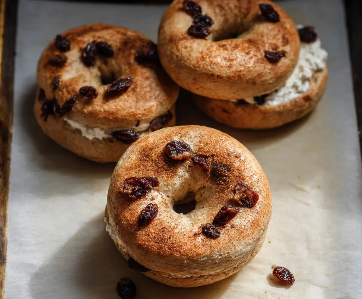 Homemade cinnamon raisin Greek yogurt bagels on a rustic wooden table, showing their golden-brown crust and chewy interior.