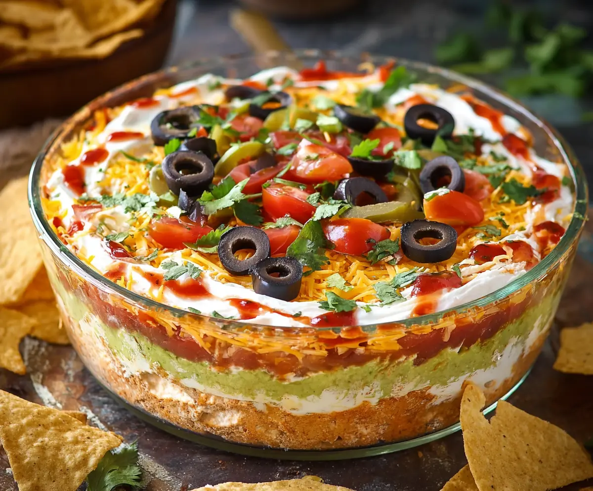 Delicious 5 Layer Dip with avocado, sour cream, cheese, tomatoes, and green onions on a serving platter.