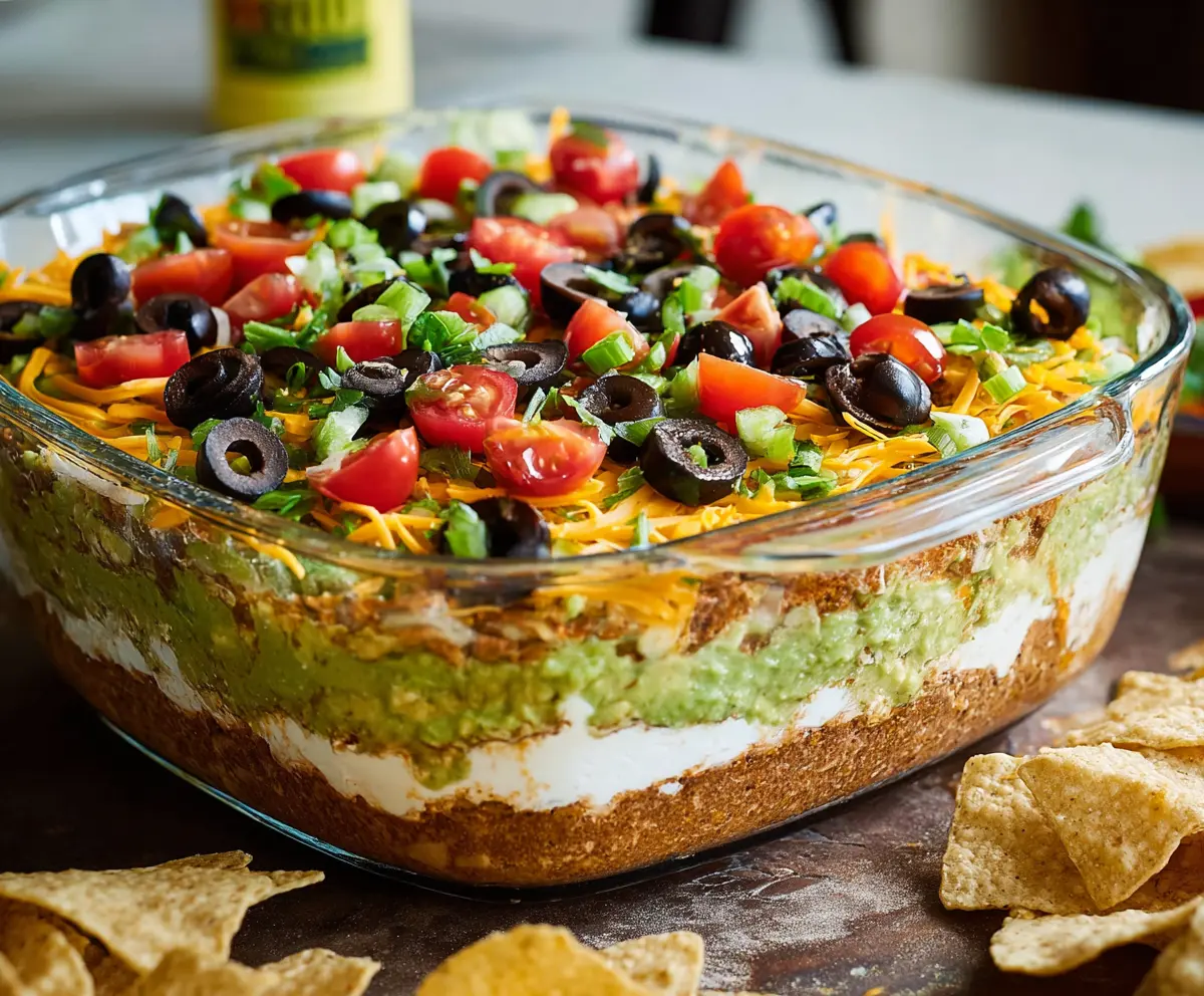 Colorful 7 Layer Dip with cheese, sour cream, guacamole, salsa, beans, olives, and green onions in a transparent bowl.