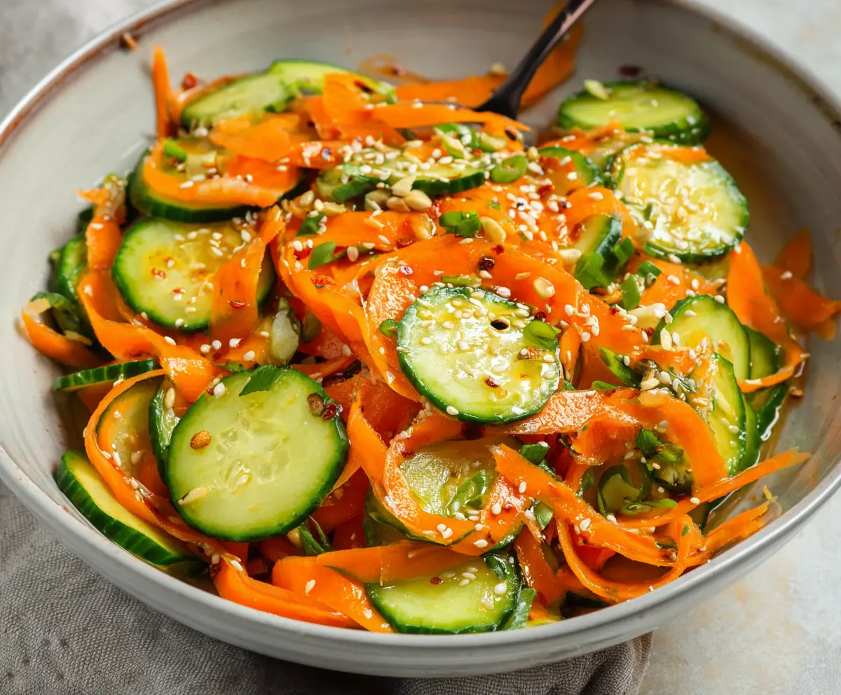 Fresh Asian Carrot and Cucumber Salad with vibrant vegetables and sesame seeds.