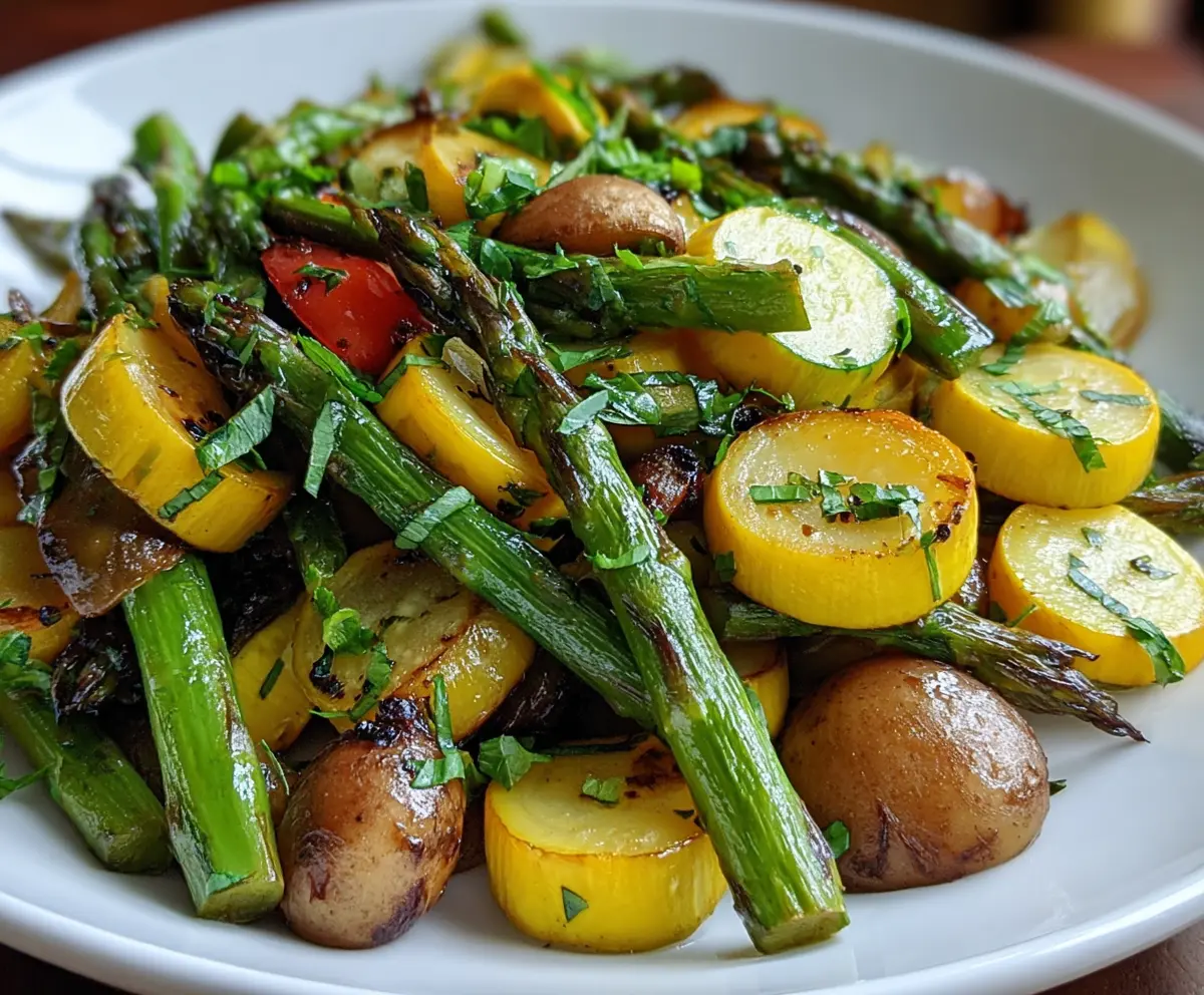 Fresh asparagus, zucchini, and squash dish ready to enjoy, showcasing vibrant vegetables.