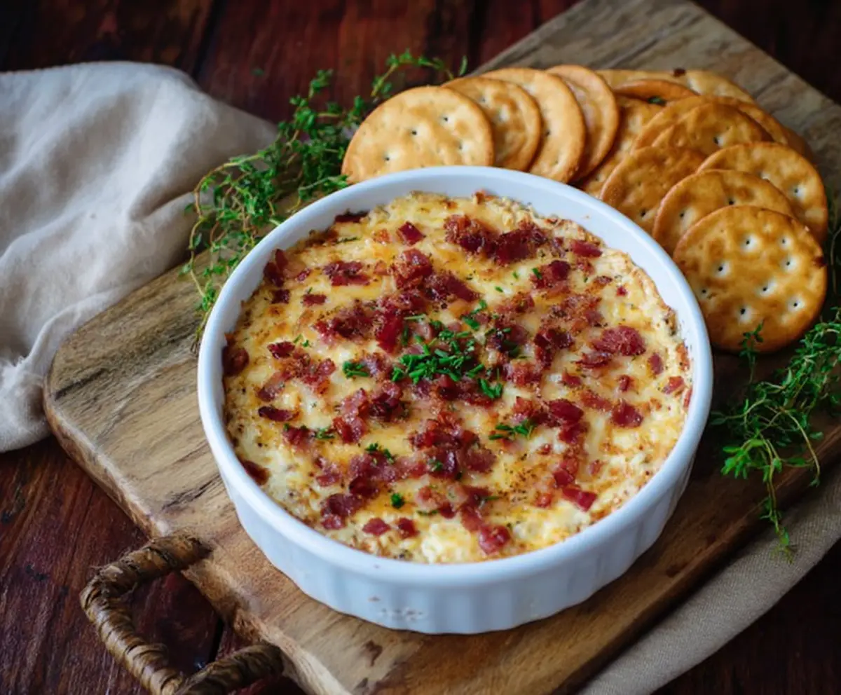 Delicious Bacon and Gouda Dip topped with smoked cheese, perfect for game day or snacks.