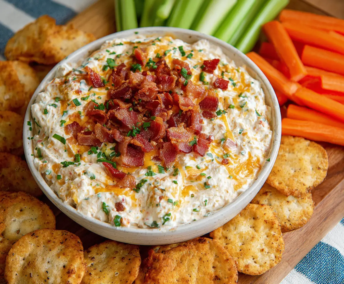 Creamy Bacon Cheddar Ranch Dip with crispy bacon bits and melted cheddar cheese on a serving platter.